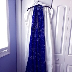 JOVANI elegant royal blue lace halter dress.